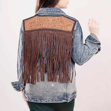 ADJKT014 Genuine leather Hand tooled hand carved Women 100% cotton Denim jacket dress ladies girl